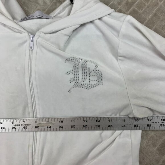 Roma Concept Womens L Hoodie Sweatshirt White Velour Cropped Full Zip Rhinestone - Picture 11 of 16